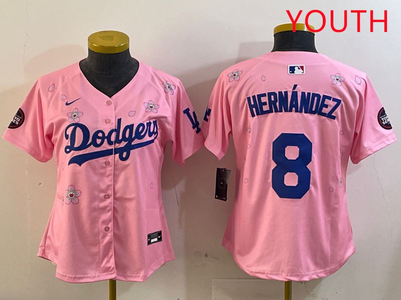 Youth Los Angeles Dodgers 8 Hernandez Pink Sakura Edition 2025 Nike MLB Jersey style 2